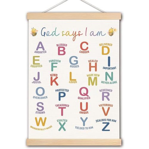 DNEULYR God Says I am Alphabet Christian Wall Art Poster for Kids, Bible Verse Affirmations Poster Hanger Frame for Nursery Toddler Kids Room Playroom Classroom Sunday School, 12x16 Inches