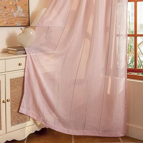 MYSKY HOME Boho Living Room Pink Curtains 84 Inches Long Semi Sheer Light Filtering Privacy Drapes for Bedroom, Farmhouse Rustic Hollowed-Out Home Decor Back Tab, 50" W×84" L, Light Pink, 2 Panels