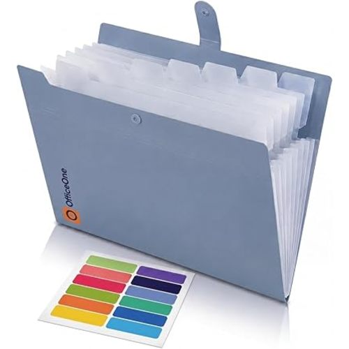 OfficeOne 8-Pocket Expanding File Folder, A4 Letter Size Accordion Document Organizer with Snap Closure, Labeled Tabs & Customizable Color-Coding Stickers, Home Office School (Slate Blue)