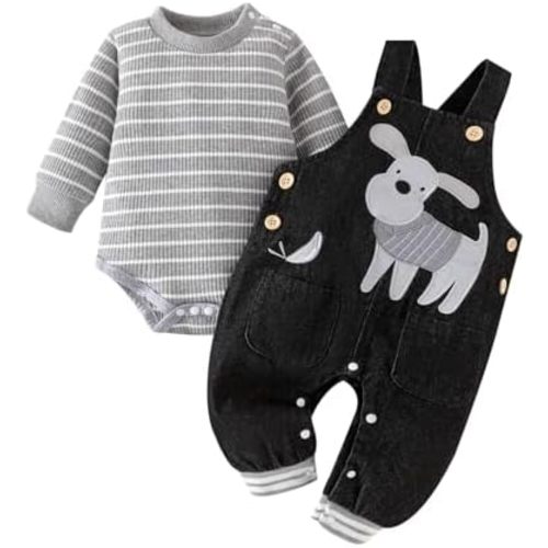 Baby Boy Clothes Fall Winter Outfits Long Sleeve Striped Romper Cute Cartoon Jeans Overalls Pants Set 0-18 Months