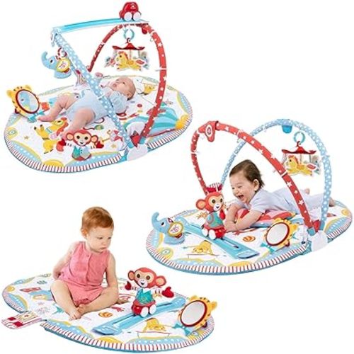 Yookidoo Circus Baby Playmat Gym. with Musical Motorized Mobile, Tummy Time Pillow, Mirror, and Newborn Textured Animal Figures. Infant Activity for 0-12 Month