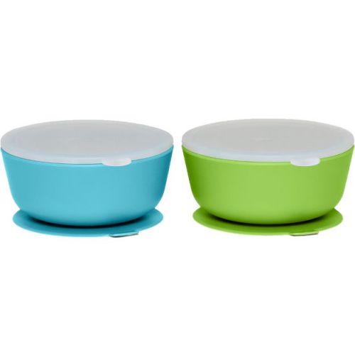 Weesprout Suction Bowls for Baby & Toddlers, 100% Silicone with Plastic Lid, 12 oz - Bright Blue + Bright Green, Set of 2
