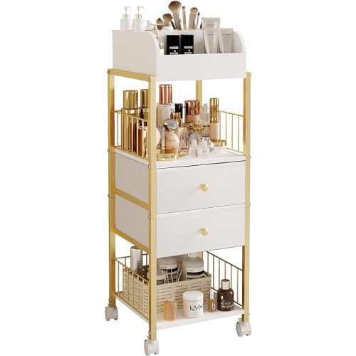Makeup Organizer Storage Cart, Large Skincare organizers, Makeup Stand with Drawers, Makeup Vanity Organizer Cosmetics Display Cases Holder for Skin Care Nail Polish Perfume Makeup Brush (Gold)