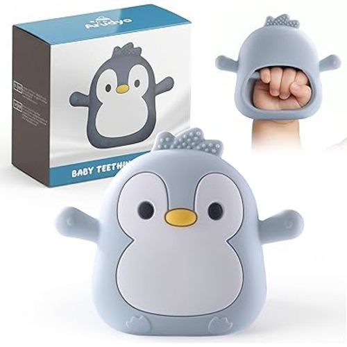 Baby Teething Toys for 3-6 Months Silicone Teething Mittens for Babies Food Grade Silicone Teether (Penguin Baby Blue)