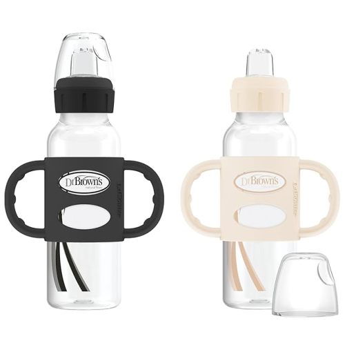 Dr. Brown's Milestones Narrow Sippy Spout Bottle with 100% Silicone Handles, Easy-Grip Handles with Soft Sippy Spout, 8oz/250mL, Black & Ecru, 2 Count (Pack of 1), 6m+