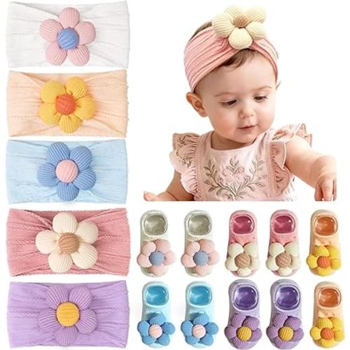 JOYOYO Baby Girl Headband and Socks Non-Slip Floral Socks and Soft Flower Head Wear for Babies Infants Toddlers