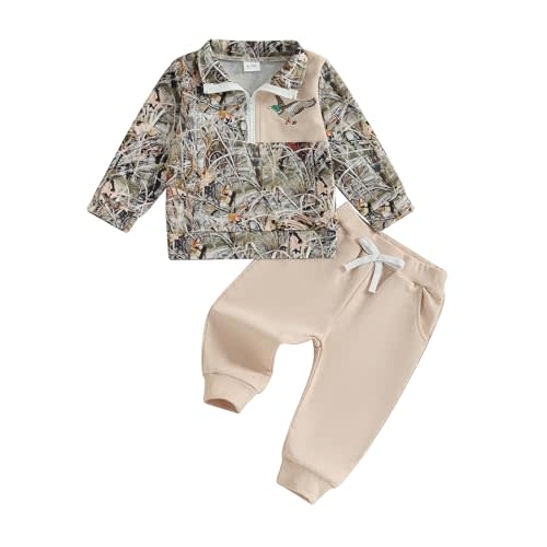 Muineobuka Toddler Baby Boy Hunting Outfit Long Sleeve Lapel Half Zipper Camo Duck Sweatshirt Pants Sets Camouflage Clothes