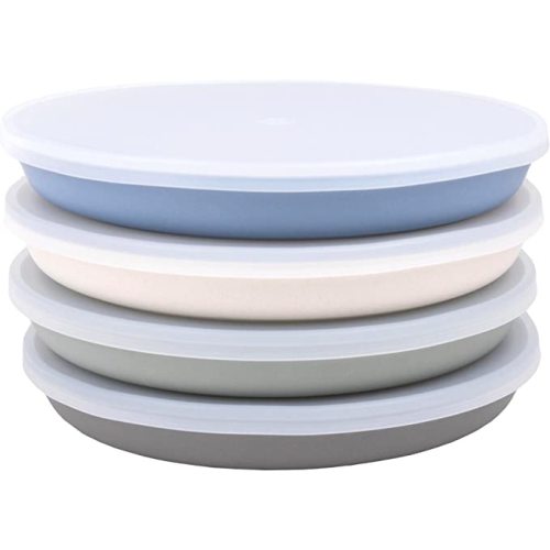 WeeSprout Bamboo Plates with Silicone Lids, Set of 4, Kid-Sized Dinnerware, Cereal, Leftovers & Snacks, Dishwasher Safe Melamine Dishware (Blue, Green, Gray, & Beige)