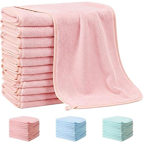 12 Pack Baby Burp Cloths for Baby Boys and Girls Coral Fleece 20 x 10 Inch Super Soft Burp Cloths with Organza Bag for Newborn Sensitive Skin Essential (Pink)