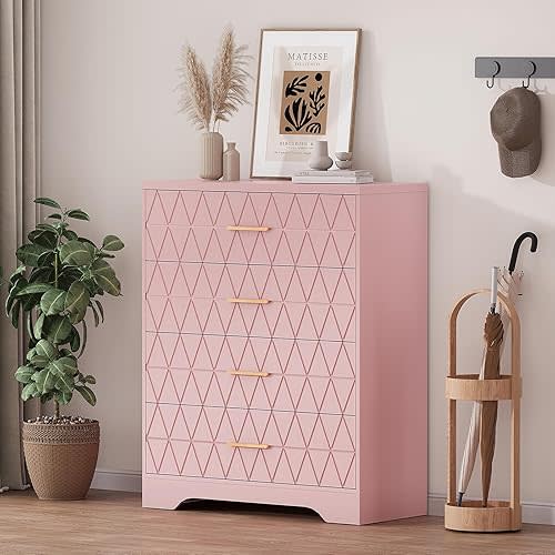 Tall Dressers for Bedroom with 4 Drawers, Pink Wood Dresser for Closet, Living Room, Hallway, Entryway, Wooden Nightstand for Bedside, Modern Chest of Drawers with Gold Handles, 38.6"H×31.5"W×15.8"D