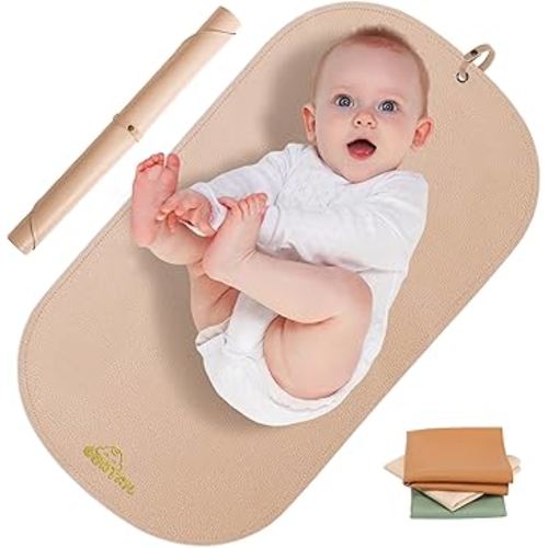 Portable Baby Diaper Changing Mat,Soft Faux Leather, Wipeable & Easy to Clean,for Home or Travel, Waterproof, with Storage Strap,Easily Put into Diaper Bag,30 x 17 in (Beige)