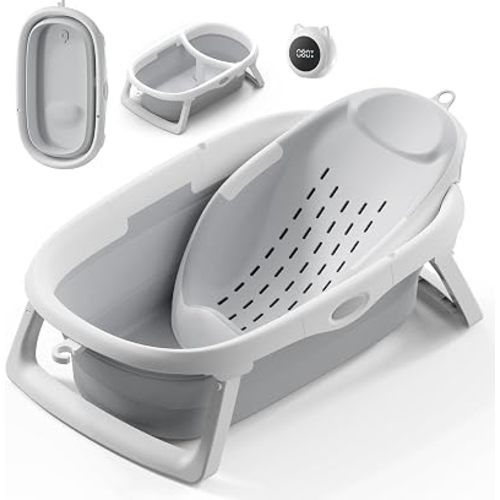 CheerTry 4-in-1 Collapsible Baby Bathtub for Newborn & Toddler 0-24M (Grey)