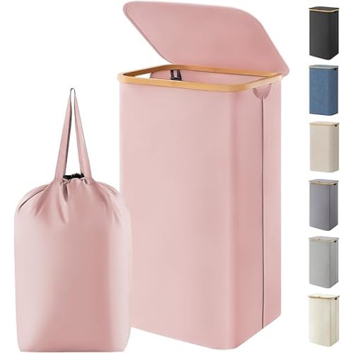 Lifewit 100L Laundry Basket with Lid, Clothes Hampers for Laundry with Bamboo Handles and 1 Removable Bag, Large Foldable Laundry Hamper for Bedroom, Bathroom, Dorm, Laundry Room, Pink