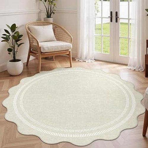 Area Rugs 5ft Living Room Washable Modern Rug, Neutral Beige Soft Non Slip Rugs Stain Resistant Indoor Carpet for Bedroom Dining Room Nursery Home Office