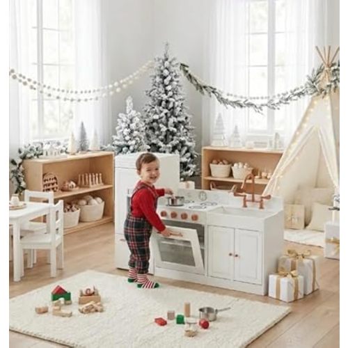 Teamson Kids Little Chef Paris Modular Contemporary Interactive Wooden Play Kitchen with Refrigerator, Oven, Sink, and Storage Space for Easy Clean Up, White with Rose Gold Finishes