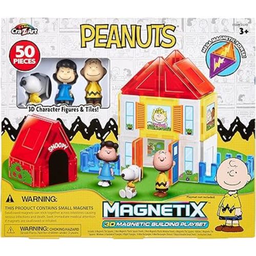 Cra-Z-Art Magnetix 3D Peanuts Charlie Brown and Friends Magnetic Building Tile Playset, Educational, STEM Toys for Ages 3+, 50 Pieces