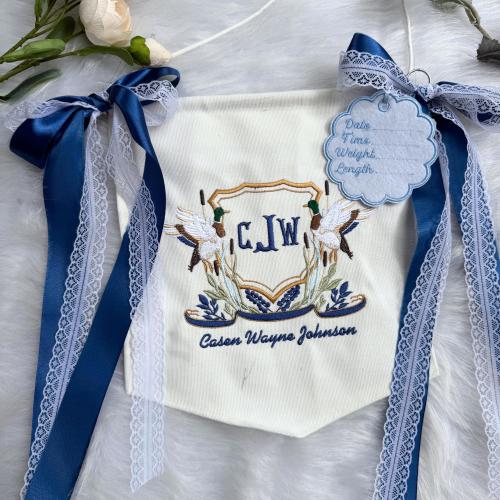 Custom Baby Boy Name Banner, Mallard Duck Embroidered Nursery Decor,Southern Baby Shower Gift, Rustic Baby Room Decor,Baby Boy Keepsake Sign