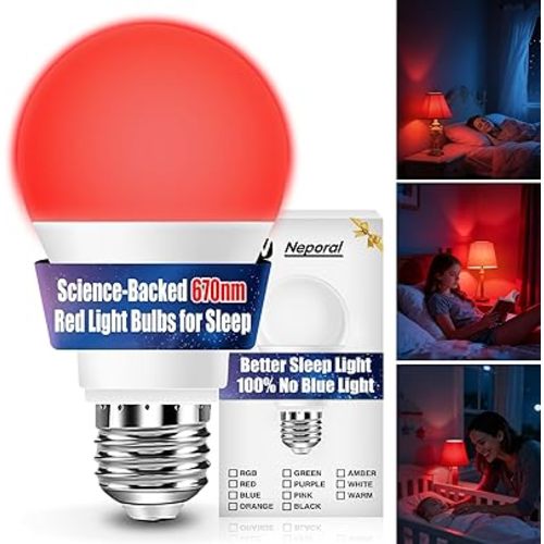 Neporal 7W 670nm Red Light Bulbs for Sleep, 100% Blue Light Blocking Bulb, Red Light Night Light for Melatonin Promoting, A19 60W Equivalent Dim Light Bulbs for Bedroom, Baby Nursery, Reading, 1 Pack