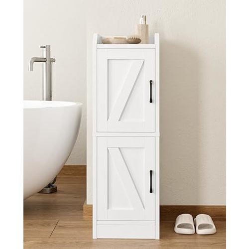 Narrow Bathroom Storage Cabinet with 2 Doors and Shelves, 9.8" W Small Storage Cabinet for Toilet Paper Storage, Slim Cabinet for Small Spaces, Bathroom, Kitchen, 9.8" W × 7.9" D × 29.5" H, White