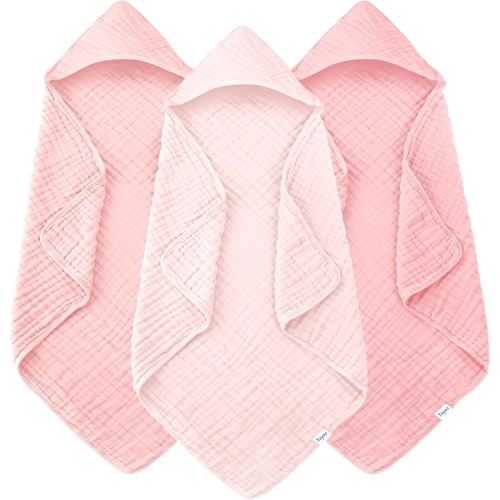 Muslin Hooded Baby Bath Towels - 3 Pack 100% Cotton Ultra-Soft Towels for Newborns, Infants, Toddlers - 32x32 Inch - Highly Absorbent, Quick-Dry Essentials for Bath Time, Beach, Pool, Pink Series