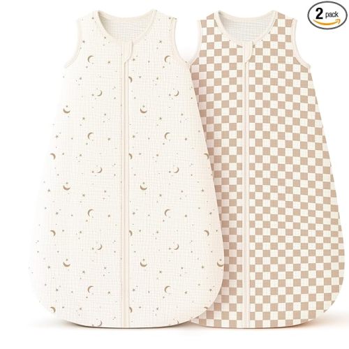 Konssy Muslin Baby Sleep Sack 6-12 Months, 0.8 TOG Baby Wearable Blanket | 2 Pack, 2-Way Zipper, 100% Cotton, Soft & Breathable Sleeping Sack, Infants & Toddlers Nursery Essentials (Moon,Coffee Check)