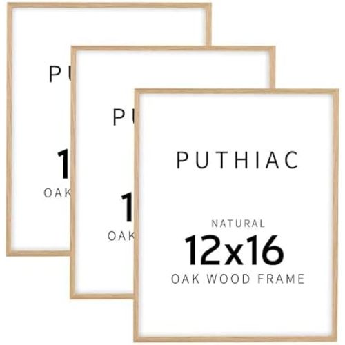 puthiac 12x16 Solid Oak Wood Picture Frame, Fits 8x12 with Mat or 12x16 Without Mat, Wall Display Only, Vertical or Horizontal, Plexi Front, 3 Pack, Natural Oak