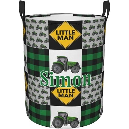 Green Farm Tractor Tractor Personalized Laundry Hamper Custom with Name Collapsible Waterproof Storage Basket with Handles for Bedroom Decor Gift.