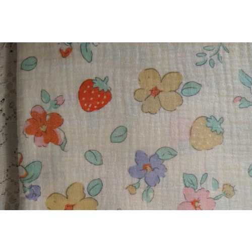 Berries & Floral Muslin Swaddle Bubble Gauze Receiving Blanket - Baby Gift - Cream Pink Yellow -