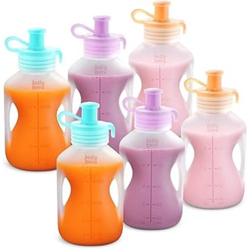 Silicone Reusable Baby Food Pouches with Straws, 6 Pack Leakproof Refillable Squeeze Pouches, Dishwasher, Freezer, Microwave Safe, 5OZ Baby Food Storage for Homemade Puree, Yogurt