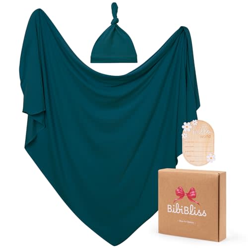 Stretchy Swaddle Blanket for Newborns with Hat & Hello World Card–Soft Baby Swaddles 0-3 Months,47"x 47"Supersoft Swaddle Blanket,Receiving Blanket for Boys & Girls (Emerald)