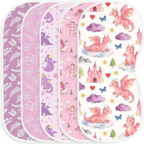 5 Pack Baby Burp Cloths, Soft Cotton Pink Dragon & Fairy Theme Burp Cloths, Super Absorbent Cute Mythical Creature Print Washcloths, Newborn Baby Girl Essentials Gift Set