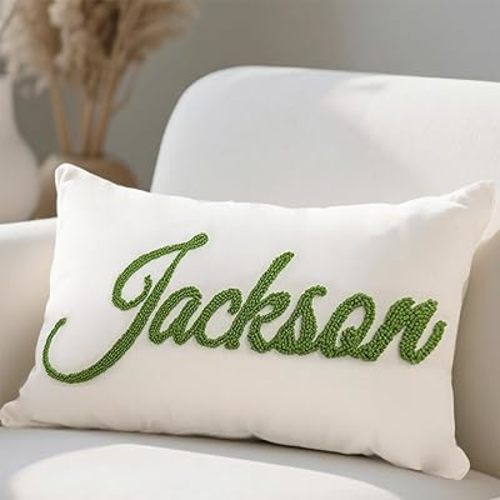 Personalized Embroidered Name Lumbar Pillow，Custom Monogram Throw Accent Handmade Pillows Cover，Customizable 12x20 Decorative Couch Bed Room Pillow Case Gifts for Kids Boy Girls