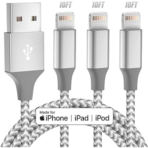 iPhone Charger 3pack 10FT Apple MFi Certified Long Lightning Cable Fast Charging High Speed Data Sync USB Cable Compatible iPhone 14/13/12/11 Pro Max/XS MAX/XR/XS/X/8/7/Plus/6S (Grey White)