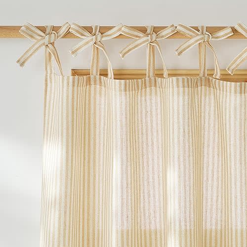 NICETOWN Cream Yellow Window Curtains for Bedroom, Tie Top Striped Print Thick Linen Light Filtering Window Treatments DIY Crafted Privacy for Kids Room, W52 x L84, 2 Panels