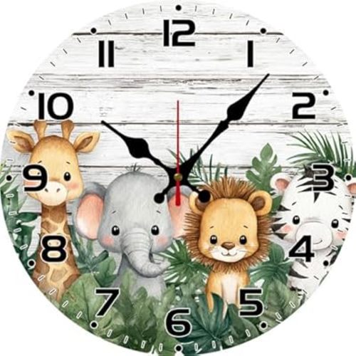 Jungle Animals Wall Clock 10inch Round Wooden Battery Operated Cute Animals Clock Silent Non-Ticking Wall Decor for Farmhouse Home Living Room Bedroom Baby Room Nursery Decor