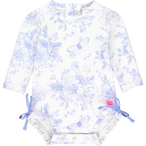 RuffleButts Baby Girls UPF 50+ Sun Protection Floral Printed Long Sleeve One Piece Rash Guard Swimsuit with Zipper - Periwinkle Butterfly Garden, 3-6m