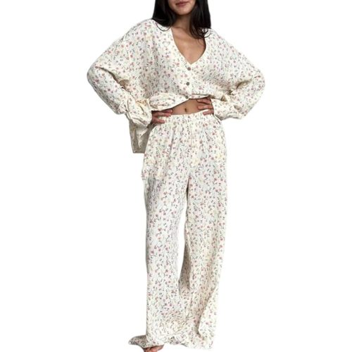 codcm Womens Floral Print Loungewear Sets Cotton Gauze Pjs Button Down Shirt and Wide Leg Pants Outfits