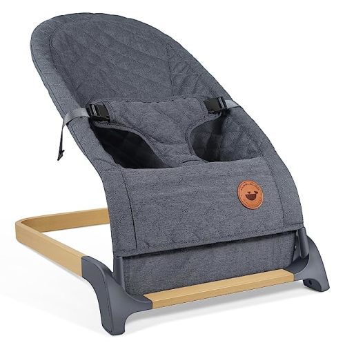 ANGELBLISS Baby Bouncer, Portable Bouncer Seat for Babies, Infants Bouncy Seat with Wood Grain Base, Natural Vibrations (Grey)