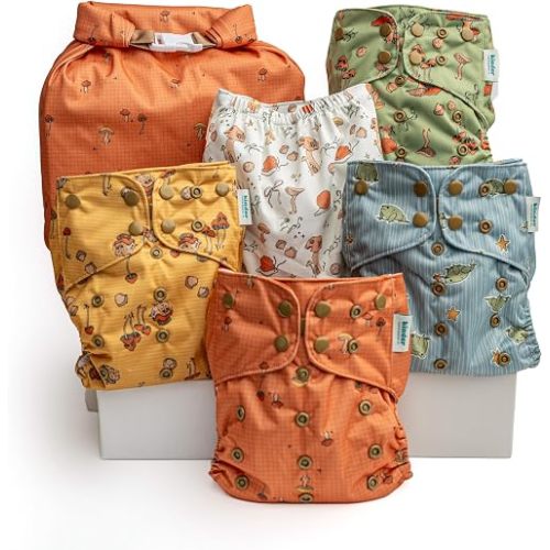 Kinder Cloth Diapers Reusable Baby Diapers Pocket Style Athletic Wicking Jersey, Wet Bag, Newborn to Potty Training 7-60lbs, One Size, Inserts NOT Included (Forest Fairytale, 5 Pack, Without Inserts)