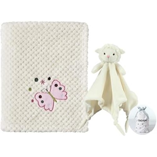 CREVENT Soft Cozy Baby Blankets for Boys Girls + Security Blanket, Set with A Gift Bag Newborn Essentials (Ivory)