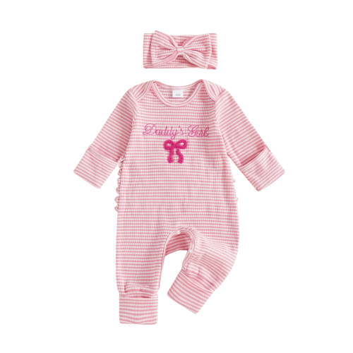 BemeyourBBs Newborn Baby Girls Stripe Romper Daddy's Girl Outfits Letter Bow Embroidery Long Sleeve Jumpsuit with Headband Set