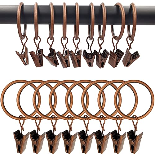 WeeksEight 100 Pack Antique Copper Curtain Rings with Clips, Curtain Hooks Hangers Clip Rings for Hanging Drapes Bows Hat, Drapery Rings 1.26 in I D, Fits up to 1 in Diameter Curtain Rod.