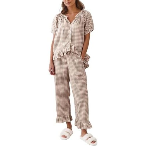 Gihuo Gingham Pajama Set for Women 2 Piece Plaid Cotton Button Down Top and Pants Ruffle Babydoll Pjs Lounge Sets
