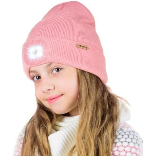 YunTuo Fleece Lined Kids Beanie Headlamp Hat with Light, USB Rechargeable LED Winter Caps, Gifts for Boy Girl