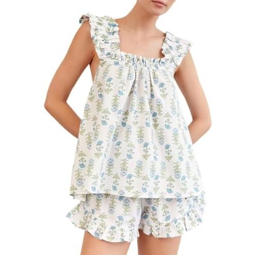 Women Cute Ruffle Pajama Set 2 Piece Summer Pjs Floral Print Cami Top and Shorts Sleepwear Lounge Sets