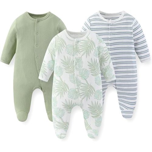 JELYLOVE Unisex Baby Boy Girl Footies Rompers Cotton Long Sleeve 3 Pack Infant Jumpsuits 0-12Months Babies' Outfits