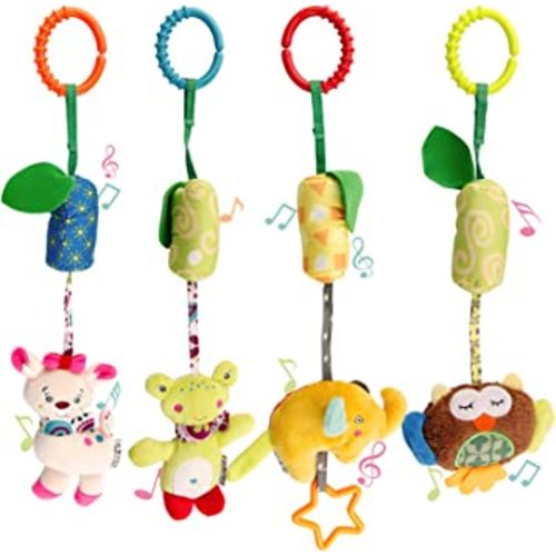4 Packs Baby Stroller Toys Car Seat Hanging Bell For Boys Girls,Adorable Animal Infant Play Music Crib Toy Carseat Rattles Educational Toys,Kids Hand Bell Puppet With Cute Wind Chime And Squeak