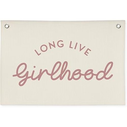 Girls Room Decor Long Live Girlhood Linen Banner Hanging Flag Retro Banner for Nursery Playroom Wall Decor for Kids Bedroom Decorations,Baby shower gifts 30x20 In (Pink Letter)