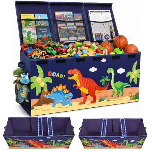 Toy Box with Adjustable Divider Large Toy Chest Storage for Nursery Kidroom | Extra large capacity, removable divider, top and side storage pockets, collapsible design, cute print for playroom decor