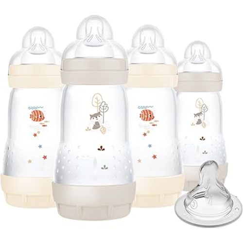 MAM 9oz Easy Start Anti-Colic Baby Bottles, Medium Flow with Bonus Fast Flow Nipple, Breastfeeding-Like Silicone, Reduces Colic and Gas, Easy-to-Clean, BPA-Free, 2 Plus Months